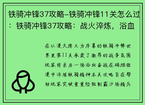 铁骑冲锋37攻略-铁骑冲锋11关怎么过：铁骑冲锋37攻略：战火淬炼，浴血奋战